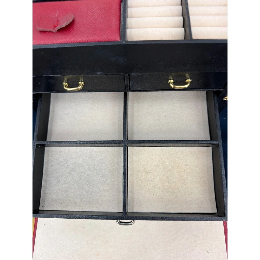 Vtg Large Red Leather Jewelry Box Organizer Multi Drawer Storage Chest Mirror
